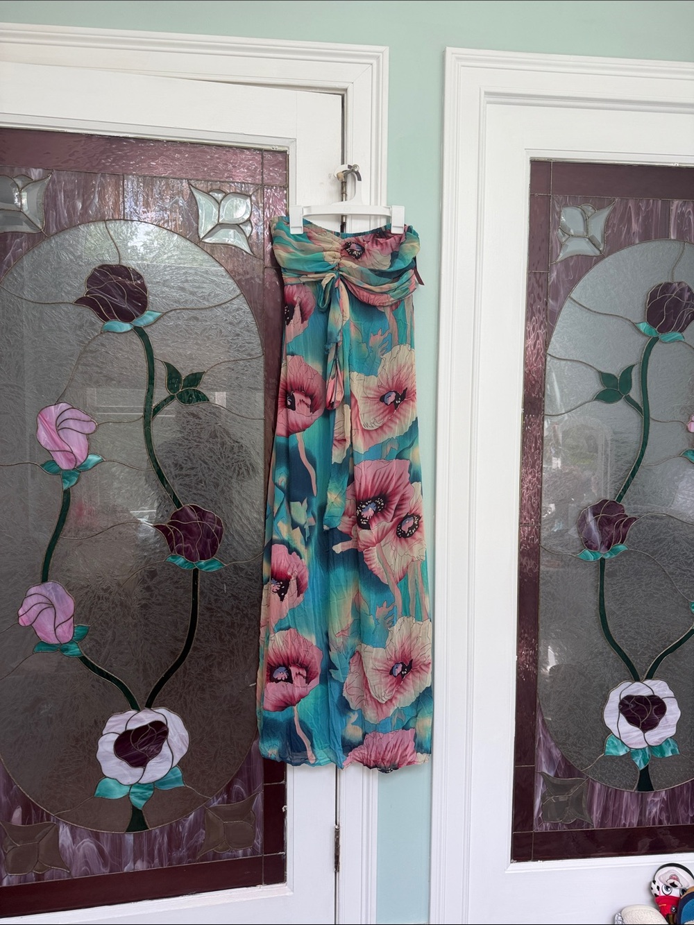 Xhilaration Turquoise Strapless Maxi Dress with Pink Floral Print